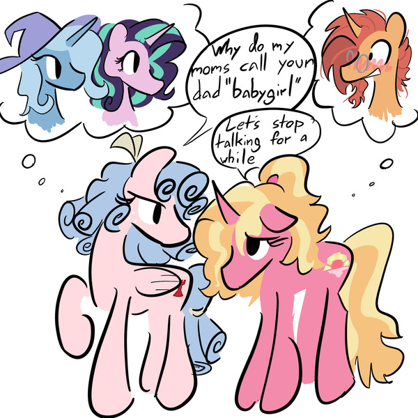 Size: 2048x2048 | Tagged: safe, artist:captainzigo, derpibooru import, cozy glow, luster dawn, starlight glimmer, sunburst, trixie, pegasus, pony, unicorn, female, group, image, jpeg, lesbian, looking at each other, looking at someone, shipping, simple background, startrix, text, white background