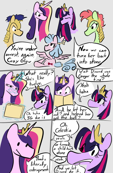 Size: 1344x2048 | Tagged: safe, artist:captainzigo, derpibooru import, cozy glow, flash sentry, princess cadance, twilight sparkle, twilight sparkle (alicorn), alicorn, pegasus, pony, series:entrapment, book, comic, crown, discord got away with it, image, implied petrification, jewelry, jpeg, regalia, text, we turned a child to stone