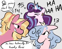 Size: 1152x928 | Tagged: safe, artist:captainzigo, derpibooru import, cozy glow, luster dawn, princess flurry heart, alicorn, pegasus, pony, unicorn, bust, cronologically older, crown, freckles, image, jewelry, jpeg, laughing, open mouth, ponytail, regalia, smiling, text, trio