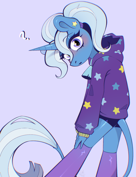 Size: 1620x2099 | Tagged: safe, artist:rtootb, derpibooru import, trixie, anthro, unicorn, :o, alternate hairstyle, blue mane, blushing, clothes, cute, cute face, ear piercing, earring, embarrassed, female, gameloft interpretation, hoodie, image, jewelry, looking at you, open mouth, piercing, png, ponytail, simple background, socks, solo, solo female, stockings, tail, thigh highs