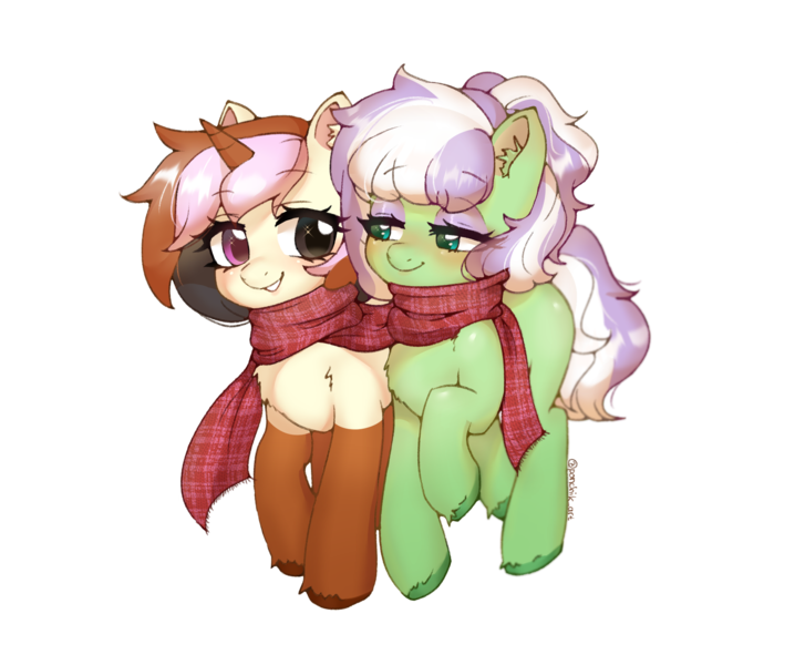 Size: 1948x1607 | Tagged: safe, artist:ponchik_art, derpibooru import, oc, oc:kosmicia, oc:neopony, unofficial characters only, pegasus, pony, unicorn, derpibooru community collaboration, 2024 community collab, blushing, chest fluff, clothes, coat markings, colored horn, duo, ear fluff, eyeshadow, full body, horn, image, looking at each other, looking at someone, makeup, multicolored eyes, multicolored hair, png, scarf, shared clothing, shared scarf, simple background, smiling, smiling at each other, sparkles, teeth, transparent background, unshorn fetlocks