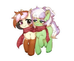 Size: 1948x1607 | Tagged: safe, artist:ponchik_art, derpibooru import, oc, oc:kosmicia, oc:neopony, unofficial characters only, pegasus, pony, unicorn, derpibooru community collaboration, 2024 community collab, blushing, chest fluff, clothes, coat markings, colored horn, duo, ear fluff, eyeshadow, full body, horn, image, looking at each other, looking at someone, makeup, multicolored eyes, multicolored hair, png, scarf, shared clothing, shared scarf, simple background, smiling, smiling at each other, sparkles, teeth, transparent background, unshorn fetlocks