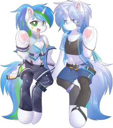 Size: 1770x2000 | Tagged: safe, artist:movieskywalker, derpibooru import, oc, oc:cyanine willow, oc:venir winter, unofficial characters only, semi-anthro, unicorn, derpibooru community collaboration, 2024 community collab, belt, blue eyes, blue mane, chest fluff, clothes, derpibooru exclusive, duo, ear fluff, face paint, female, green eyes, hoof heart, horn, image, latex, latex socks, light skin, looking at you, multicolored hair, open mouth, png, shorts, simple background, smiling, socks, suit, transparent background, underhoof, unicorn oc