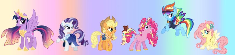 Size: 4096x971 | Tagged: safe, artist:arxielle, derpibooru import, applejack, fluttershy, pinkie pie, rainbow dash, rarity, twilight sparkle, twilight sparkle (alicorn), alicorn, earth pony, pegasus, pony, unicorn, alternate design, alternate hairstyle, bag, bags under eyes, cloak, clothes, colored wings, crown, ear piercing, earring, female, gradient background, horseshoes, image, jewelry, jpeg, mane six, mare, multicolored wings, older, older applejack, older fluttershy, older mane six, older pinkie pie, older rainbow dash, older rarity, older twilight, peytral, piercing, plushie, rainbow background, rainbow wings, redesign, regalia, saddle bag, spread wings, sunglasses, sunglasses on head, teddy bear, ultimate twilight, wings