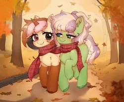 Size: 1948x1607 | Tagged: safe, artist:ponchik_art, derpibooru import, oc, oc:kosmicia, oc:neopony, unofficial characters only, earth pony, pony, unicorn, autumn, blushing, chest fluff, clothes, coat markings, colored horn, detailed background, ear fluff, eyeshadow, full body, horn, image, looking at each other, looking at someone, loving gaze, makeup, multicolored eyes, multicolored hair, multicolored mane, outdoors, png, scarf, shared clothing, shared scarf, smiling, smiling at each other, sparkles, teeth, tree, unshorn fetlocks