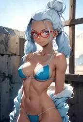 Size: 832x1216 | Tagged: suggestive, ai content, derpibooru import, editor:sammykun, machine learning generated, sugarcoat, human, equestria girls, bikini, breasts, busty sugarcoat, cleavage, clothes, curvy, female, g4, glasses, hair bun, hourglass figure, humanized, image, jacket, looking at you, midriff, pigtails, png, prompter:sammykun, reasonably sized breasts, ribcage, sexy, slender, slime, smiling, solo, stupid sexy sugarcoat, swimsuit, tan skin, tanned, thin, twintails, undressing, wide hips