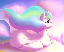 Size: 2318x1894 | Tagged: safe, artist:gosha305, derpibooru import, princess celestia, alicorn, pony, back, balcony, cheek fluff, cloud, ear fluff, female, flowing mane, folded wings, full body, g4, horn, image, looking away, lying down, mare, morning, png, profile, prone, side, smiling, solo, wings