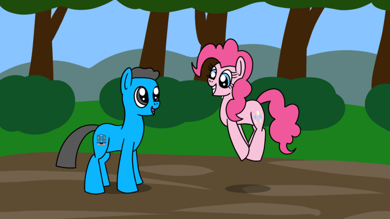 Size: 1920x1080 | Tagged: safe, artist:platinumdrop, derpibooru import, pinkie pie, oc, earth pony, pony, female, image, jumping, male, mare, png, request, smiling, stallion, talking