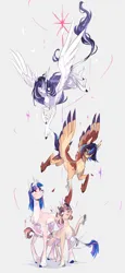 Size: 3230x7000 | Tagged: safe, artist:iheyyasyfox, derpibooru import, oc, oc:lightning flash, oc:nashira sparkle, oc:stella alba nyx, oc:sweet starlight "skyla", unofficial characters only, alicorn, classical unicorn, pegasus, pony, unicorn, absurd resolution, cloven hooves, female, filly, flying, foal, gray background, horn, image, leonine tail, mare, offspring, parent:flash sentry, parent:twilight sparkle, parents:flashlight, png, siblings, simple background, sisters, unshorn fetlocks