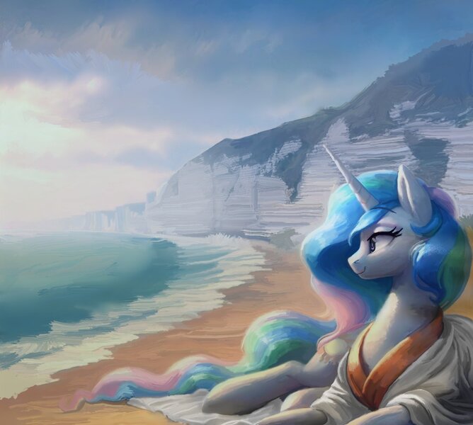 Size: 1483x1332 | Tagged: safe, artist:yidwags, derpibooru import, princess celestia, alicorn, pony, beach, clothes, female, image, jpeg, looking offscreen, lying down, mare, ocean, prone, robe, smiling, solo, water