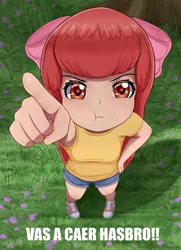 Size: 2480x3425 | Tagged: safe, artist:focusb, derpibooru import, apple bloom, human, adorabloom, clothes, cute, denim, denim shorts, from above, grass, humanized, image, jpeg, meme, pointing at you, ponified meme, pouting, shirt, shorts, solo, spanish, t-shirt, text