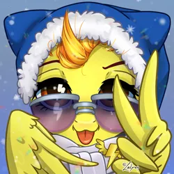 Size: 1748x1748 | Tagged: safe, artist:lailyren, derpibooru import, spitfire, pegasus, pony, :p, bust, clothes, female, g4, glasses, hat, image, looking at you, mare, png, portrait, scarf, smiling, smiling at you, snow, snowfall, solo, sunglasses, tongue out, wing hands, wingding eyes, wings, winter hat