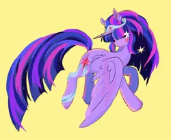 Size: 1797x1477 | Tagged: safe, artist:cloverquil, derpibooru import, twilight sparkle, twilight sparkle (alicorn), alicorn, pony, blush sticker, blushing, eyes closed, female, image, jewelry, jpeg, mare, simple background, solo, tiara, wings, wings down, yellow background