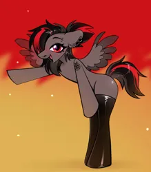 Size: 1085x1241 | Tagged: safe, artist:rtootb, derpibooru import, oc, oc:era, unofficial characters only, pegasus, pony, semi-anthro, bipedal, black mane, butt, clothes, cute, ear fluff, ear piercing, earring, eyebrow piercing, female, image, jewelry, jpeg, looking at you, mare, open mouth, pegasus oc, piercing, ponytail, red eyes, socks, solo, solo female, spread wings, standing, standing on two hooves, stockings, tattoo, thigh highs, wings