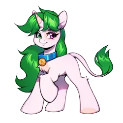 Size: 2400x2400 | Tagged: safe, artist:sugarstar, derpibooru import, oc, oc:sugarstar, unofficial characters only, pony, unicorn, derpibooru community collaboration, 2024 community collab, bell, bell collar, collar, fangs, heterochromia, horn, image, leonine tail, png, simple background, tail, transparent background