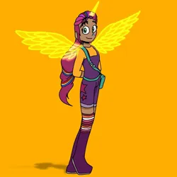Size: 1200x1200 | Tagged: safe, artist:artist_179, derpibooru import, sunny starscout, human, g5, artificial horn, artificial wings, augmented, horn, humanized, image, jpeg, looking at you, magic, magic horn, magic wings, solo, wings