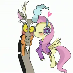 Size: 2976x2976 | Tagged: safe, artist:cerise, derpibooru import, discord, fluttershy, draconequus, pegasus, best gift ever, antlers, blushing, clothes, discoshy, earmuffs, female, heart, horn, image, jpeg, kiss on the cheek, kissing, male, scarf, shipping, simple background, spread wings, straight, white background, wings, winter outfit