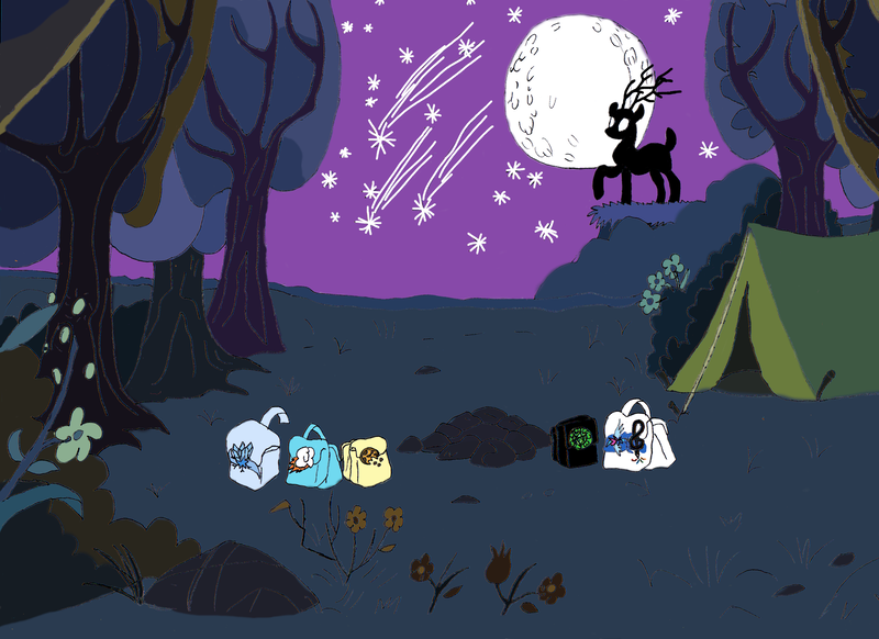 Size: 3448x2510 | Tagged: safe, artist:nova star, derpibooru import, deer, pony, art, bags, camp, camping, forest, g4, image, moon, nature, night, paper, png, project, sky, stars, tent, tree