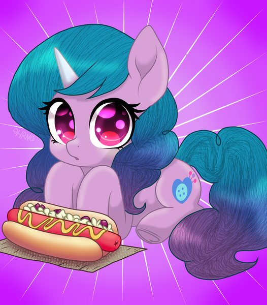 Size: 2893x3300 | Tagged: safe, artist:horsesrnaked, derpibooru import, izzy moonbow, pony, unicorn, g5, anime eyes, blue mane, curly mane, curly tail, cute, food, gradient background, hot dog, hot dog and bun, image, izzybetes, looking at you, lying down, meat, napkin, png, purple eyes, sausage, solo, tail