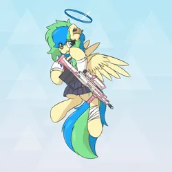 Size: 3500x3500 | Tagged: safe, alternate version, artist:hcl, derpibooru import, oc, oc:hcl, unofficial characters only, pegasus, pony, clothes, gradient background, gun, image, png, solo, weapon