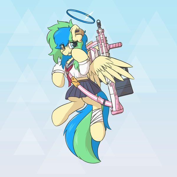 Size: 3500x3500 | Tagged: safe, alternate version, artist:hcl, derpibooru import, oc, oc:hcl, unofficial characters only, pegasus, pony, assault rifle, bandaged leg, blue archive, clothes, gradient background, gun, halo, heterochromia, image, multicolored mane, multicolored tail, png, rifle, school uniform, solo, weapon