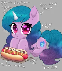 Size: 2893x3300 | Tagged: safe, artist:horsesrnaked, derpibooru import, izzy moonbow, earth pony, pony, g5, anime eyes, arrow, blue mane, curly mane, curly tail, cute, food, guide, hot dog, hot dog and bun, image, izzybetes, meat, napkin, png, purple eyes, sausage, solo, tail, text