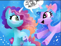 Size: 1913x1449 | Tagged: safe, artist:swirlmlp69768, derpibooru import, izzy moonbow, pony, seapony (g4), unicorn, g5, blue mane, bubble, cute, dialogue, digital art, dorsal fin, duo, duo female, female, fin, fish tail, flower, flower in hair, flowing mane, flowing tail, happy, heart, heart eyes, horn, image, jpeg, looking at each other, looking at someone, mare, misty brightdawn, ocean, open mouth, open smile, seaponified, seapony izzy moonbow, seapony misty brightdawn, smiling, smiling at each other, species swap, speech bubble, swimming, tail, underwater, water, wingding eyes