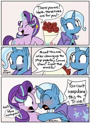 Size: 2081x2833 | Tagged: safe, artist:icey, derpibooru import, starlight glimmer, trixie, pony, unicorn, blushing, bouquet, bouquet of flowers, chest fluff, comic, dialogue, ear fluff, eye clipping through hair, female, floppy ears, flower, g4, grin, image, implied shipping, levitation, magic, mare, nervous, nervous grin, one eye closed, png, rose, scrunchy face, smiling, telekinesis, wink, yelling