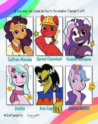 Size: 2919x3682 | Tagged: safe, artist:daisy_marshmallow, derpibooru import, queen haven, saffron masala, sprout cloverleaf, violette rainbow, earth pony, pegasus, pony, unicorn, six fanarts, g5, ace copular, clothes, crossover, dahlia, g4, hard hat, hat, image, one of these things is not like the others, png, smiling, the powerpuff girls