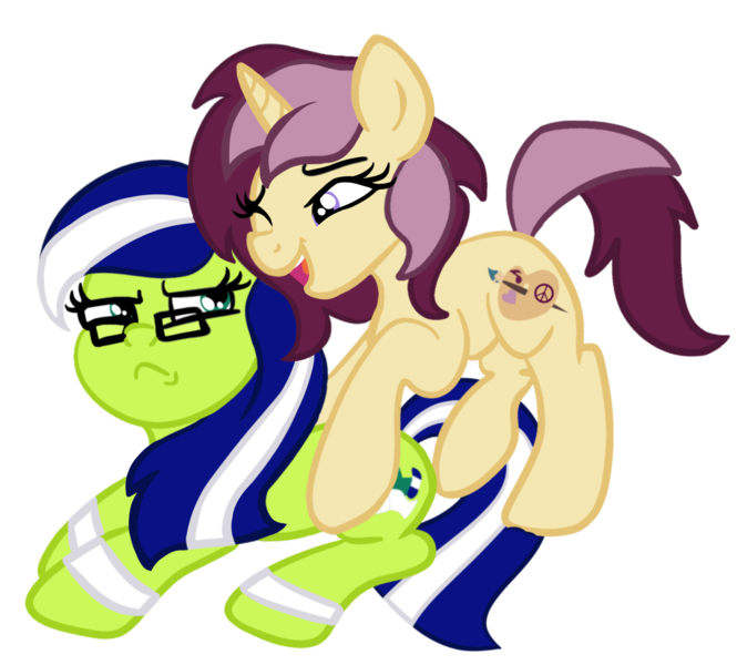 Size: 2086x1882 | Tagged: safe, artist:sjart117, derpibooru import, oc, oc:lannie lona, oc:miles bright, unofficial characters only, earth pony, pony, unicorn, derpibooru community collaboration, 2024 community collab, annoyed, duo, female, frown, glasses, image, mare, png, simple background, transparent background