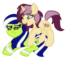Size: 2086x1882 | Tagged: safe, artist:sjart117, derpibooru import, oc, oc:lannie lona, oc:miles bright, unofficial characters only, earth pony, pony, unicorn, derpibooru community collaboration, 2024 community collab, annoyed, duo, female, frown, glasses, image, mare, png, simple background, transparent background