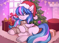 Size: 3605x2617 | Tagged: safe, artist:sugarstar, derpibooru import, oc, unofficial characters only, pegasus, pony, carpet, christmas, christmas lights, christmas tree, clothes, cute, fireplace, hat, holiday, image, looking at you, lying down, png, present, santa hat, smiling, solo, sparkles, sweater, tree, window