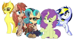 Size: 3100x1650 | Tagged: safe, artist:devfield, artist:just rusya, artist:litrojia, artist:notadeliciouspotato, artist:pirill, derpibooru import, oc, oc:cottonwood kindle, oc:fidget, oc:golden star, oc:huracata, oc:sky spark, unofficial characters only, earth pony, pegasus, pony, unicorn, derpibooru community collaboration, 2024 community collab, apron, clothes, collaboration, drive, female, glasses, group photo, image, lidded eyes, looking at you, male, mare, png, raised hoof, shirt, shoes, simple background, sitting, smiling, spread wings, stallion, transparent background, wings