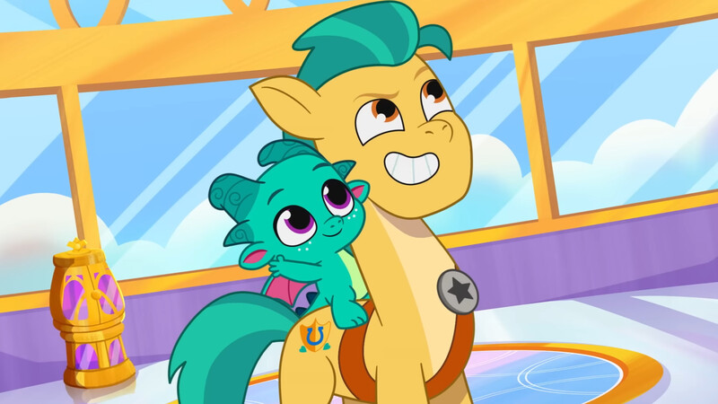 Size: 3072x1727 | Tagged: safe, derpibooru import, screencap, hitch trailblazer, sparky sparkeroni, dragon, earth pony, pony, g5, my little pony: tell your tale, spoiler:g5, spoiler:my little pony: tell your tale, spoiler:tyts02e01, baby, baby dragon, crystal brighthouse, duo, duo male, eyebrows, grin, icy prints, image, jpeg, male, papa hitch, raised eyebrow, smiling, stallion