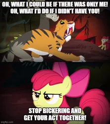 Size: 500x562 | Tagged: safe, derpibooru import, edit, edited screencap, screencap, apple bloom, chimera sisters, chimera, earth pony, pony, somepony to watch over me, annoyed, apple bloom is not amused, apple bloom's bow, bow, female, filly, foal, hair bow, if i didn't have you, image, jpeg, meme, multiple heads, parody, quest for camelot, reference in the description, scene parody, singing, song in the description, song reference, three heads, unamused