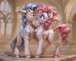 Size: 4000x3250 | Tagged: safe, ai content, derpibooru import, machine learning generated, prompter:raif, stable diffusion, pinkie pie, oc, pony, canon x oc, image, kissing, png