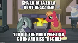 Size: 888x499 | Tagged: safe, derpibooru import, edit, edited screencap, screencap, big macintosh, marble pie, earth pony, pony, hearthbreakers, cute, disney, duo, female, fireplace, image, jpeg, kiss the girl, looking at each other, looking at someone, male, marblebetes, marblemac, mare, meme, parody, reference, reference in the description, scene parody, shipping, smiling, smiling at each other, song in the description, stallion, straight, the little mermaid
