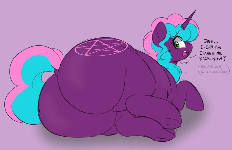 Size: 1968x1273 | Tagged: suggestive, artist:montsundere, artist:polofastter, derpibooru import, oc, oc:jinx weaver, unofficial characters only, pony, unicorn, fat, fat ass, female, horn, image, looking back, lying down, mare, png, simple background, solo, solo female, the ass was fat, unicorn oc