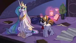 Size: 1280x720 | Tagged: safe, artist:puke-o, derpibooru import, princess celestia, raven, alicorn, pony, unicorn, book, clipboard, crown, crying, cup, duo, duo female, female, food, g4, glasses, hoof shoes, image, jewelry, jpeg, lantern, magic, mare, peytral, regalia, scroll, tea, teacup, telekinesis