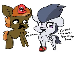 Size: 2000x1500 | Tagged: safe, artist:sweetsterty, derpibooru import, button mash, rumble, earth pony, pegasus, pony, cap, cheek fluff, chest fluff, clothes, colt, cosplay, costume, facial hair, foal, gay, hat, image, male, mario's hat, moustache, png, ship:rumblemash, shipping, shoes, simple background, sonic the hedgehog (series), super mario bros., white background