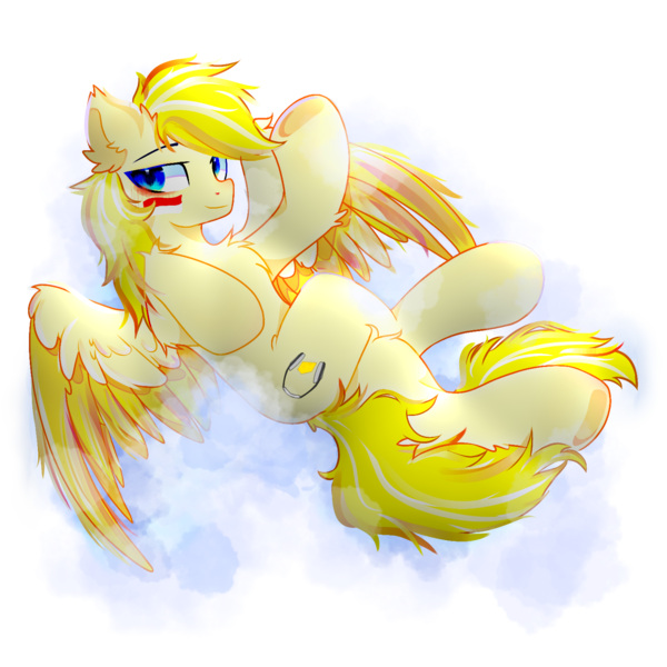 Size: 1500x1500 | Tagged: safe, artist:shozo_fox, derpibooru import, oc, oc:ohzuya, pegasus, derpibooru community collaboration, 2024 community collab, blue eyes, cheese, cloud, flag, food, image, indonesia, indonesian, looking at you, male, on a cloud, png, sitting, sitting on cloud, trace, yellow mane