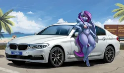 Size: 4000x2368 | Tagged: suggestive, artist:lightly-san, derpibooru import, oc, unofficial characters only, alicorn, anthro, plantigrade anthro, alicorn oc, bikini, car, clothes, horn, image, png, solo, swimsuit, wings