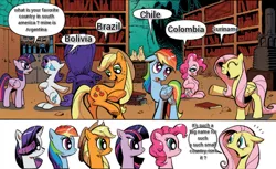 Size: 800x490 | Tagged: safe, derpibooru import, edit, applejack, fluttershy, pinkie pie, rainbow dash, rarity, twilight sparkle, alicorn, earth pony, pegasus, unicorn, spoiler:comic, spoiler:comic17, argentina, bolivia, brazil, chile, colombia, exploitable, exploitable meme, image, mane 6 interests, mane six, meme, obligatory pony, png, suriname