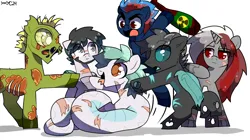 Size: 3648x2041 | Tagged: safe, artist:juiss, derpibooru import, oc, oc:biru, oc:captain juiss, oc:morgensonne, changeling, earth pony, ghoul, lamia, original species, pegasus, pony, snake, snake pony, undead, zombie, image, png, simple background