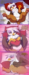 Size: 2000x5118 | Tagged: safe, ai content, artist:rupert, derpibooru import, machine learning assisted, machine learning generated, stable diffusion, gilda, gryphon, series:ask white belly gilda, ask, bed, belly, belly button, blushing, butt, cute, eyes closed, featureless crotch, female, g4, generator:pony diffusion v6 xl, gildadorable, gildonk, heart, high res, hug, image, jpeg, legs in air, lidded eyes, lying down, pale belly, paw pads, paws, pillow, pillow hug, plump, prompter:rupert, prone, solo, spread legs, spreading, tumblr, white belly