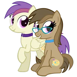 Size: 1501x1501 | Tagged: safe, artist:the smiling pony, derpibooru import, oc, oc:dawnsong, oc:evensong, earth pony, pegasus, pony, derpibooru community collaboration, .svg available, 2024 community collab, choker, collar, female, g4, glasses, image, looking at you, mare, png, simple background, sitting, smiling, transparent background, vector