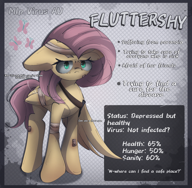 Size: 2350x2300 | Tagged: grimdark, artist:miryelis, derpibooru import, fluttershy, pegasus, pony, alternate universe, bandage, female, image, looking at you, mare, png, sad, short hair, solo, standing, text, virus