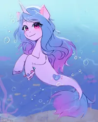 Size: 1965x2448 | Tagged: safe, artist:xiaowu07, derpibooru import, izzy moonbow, fish, pony, seapony (g4), unicorn, g5, bracelet, cute, eye clipping through hair, eyebrows, eyebrows visible through hair, female, image, izzybetes, jewelry, mare, png, seapony izzy monbow, smiling, solo, species swap, underwater, water