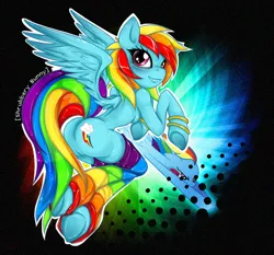 Size: 701x654 | Tagged: suggestive, artist:shrubbery-bunny, derpibooru import, rainbow dash, anthro, pegasus, arm hooves, clothes, female, image, jpeg, raised tail, socks, solo, solo female, tail, whore lips, wings