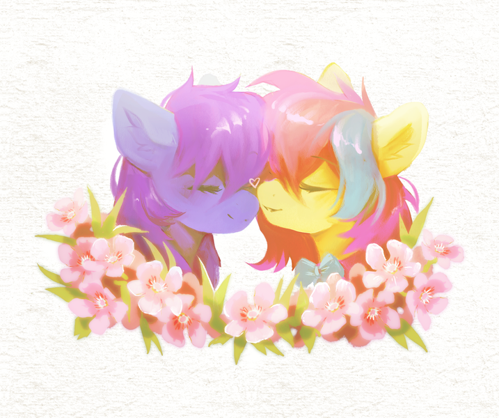 Size: 2941x2461 | Tagged: safe, artist:dearmary, derpibooru import, oc, oc:cuihua, oc:nova twinkle, unofficial characters only, earth pony, pony, cute, duo, earth pony oc, female, flower, image, kissing, mare, oc x oc, png, shipping, simple background